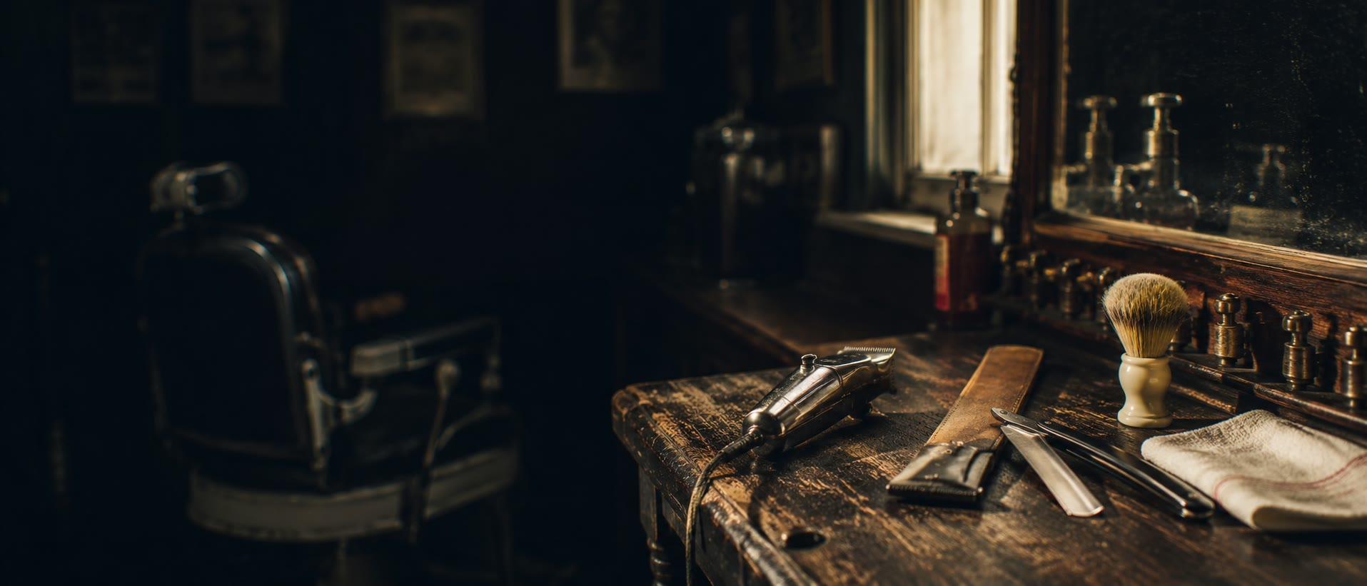 A barber's station at The Original Moler Barber School: clippers, a strop, a straight razor and a shaving brush laid out on the worn counter, the chair standing empty behind.