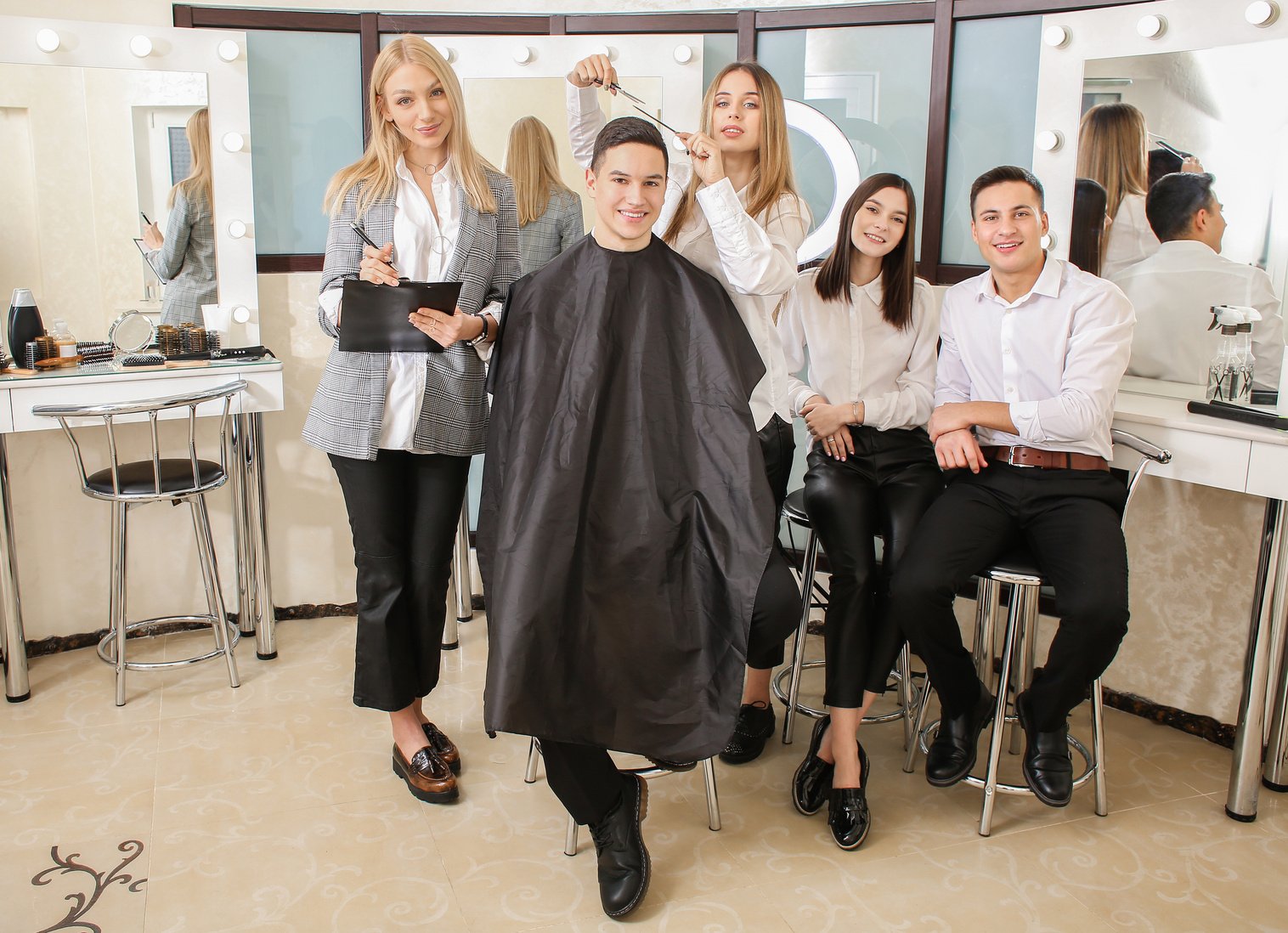 Students with Teacher and Client at Beauty School 